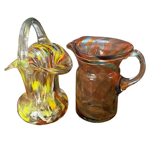 Hand Blown Multicolor Art Glass Pitcher & Basket (set of 2) - Picture 1 of 7